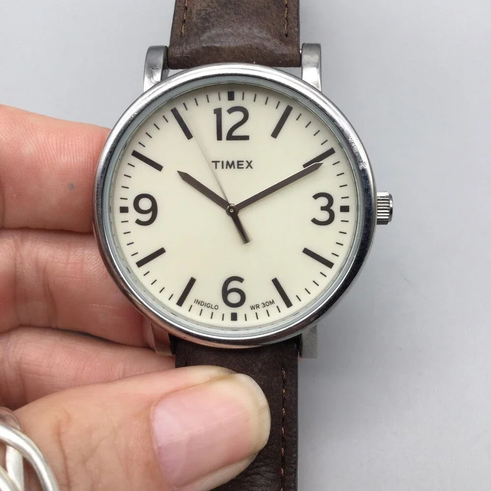 Timex Indiglo WR 30M Mens Watch 42mm Cream Dial Brown Leather T2P526 New Battery